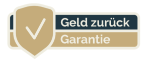 Schild-Symbol und der Aufschrift 'Geld-zurück-Garantie' in Blau und Beige.